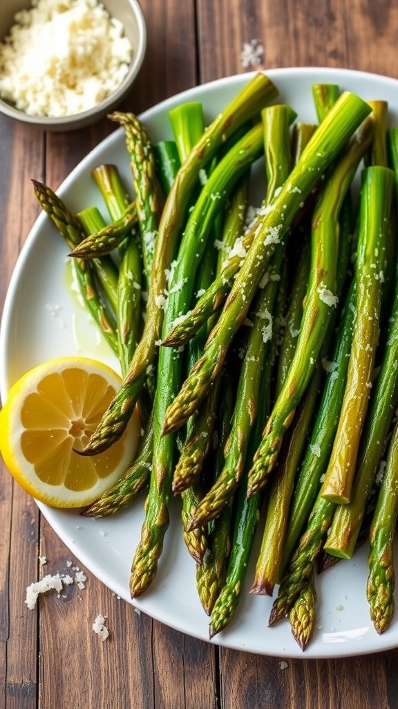 Crispy air-fried asparagus garnished with Parmesan cheese on a rustic wooden table with a lemon wedge.